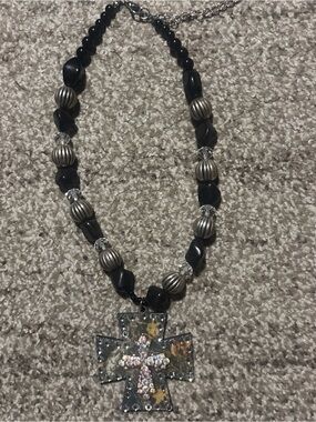 Black Beaded Cross Pendant Necklace - Brand Unspecified